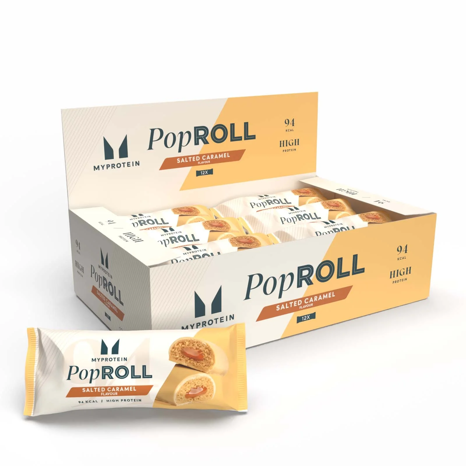 Een doos met Myprotein Pop Rolls, gezouten karamelsmaak, en een losse verpakking.