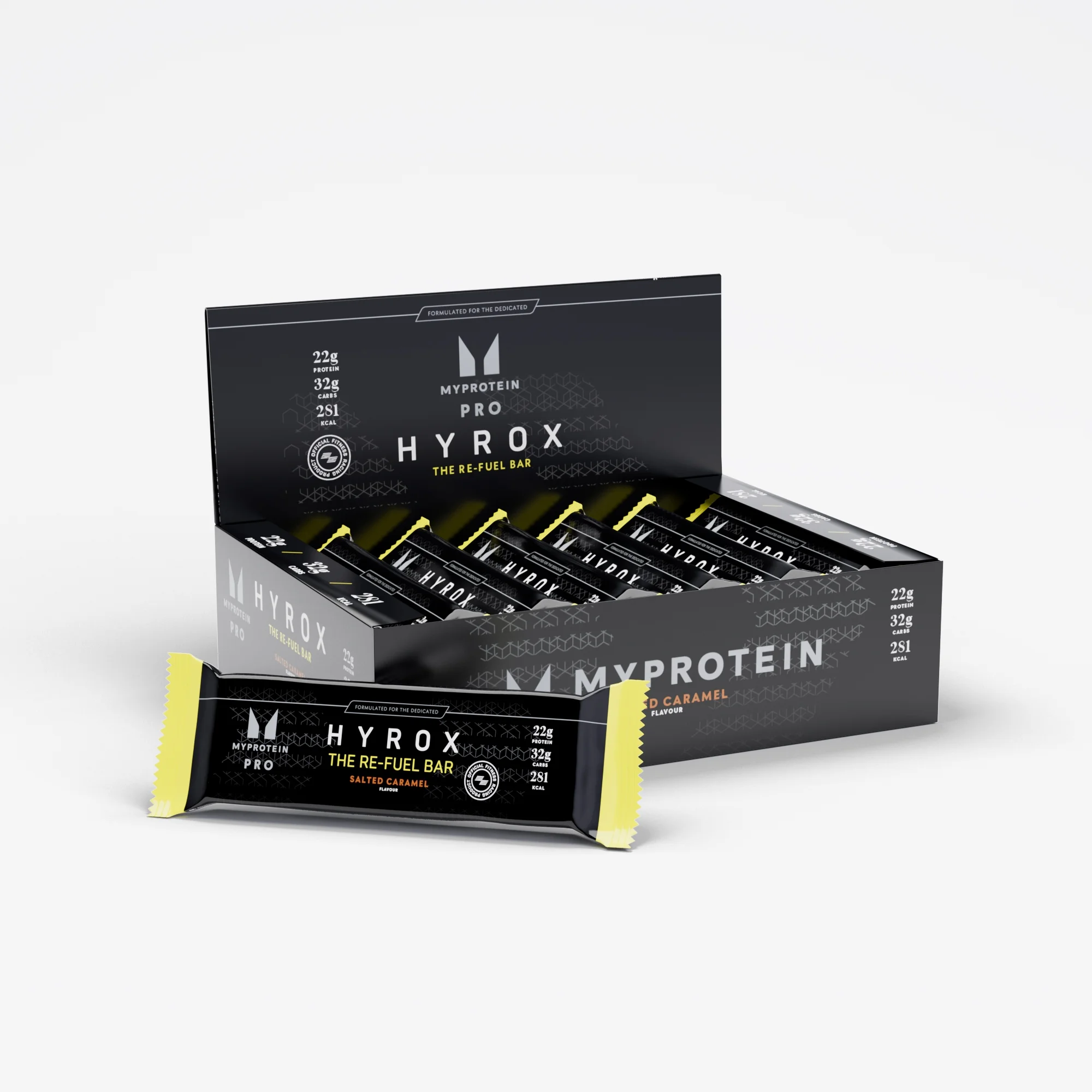 Een doos met Myprotein Oats and Whey bars, salted caramel smaak, met één bar los ervoor.