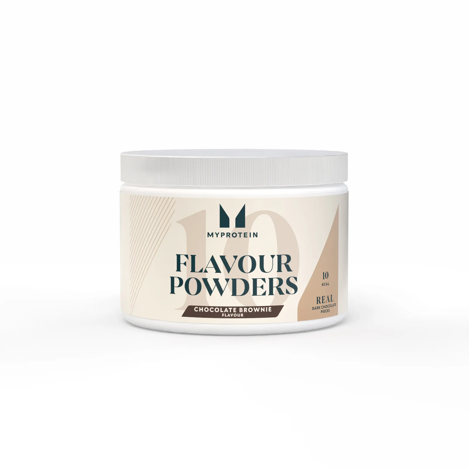 Witte pot met een wit deksel, met een beige etiket met de tekst "Flavour Powders.