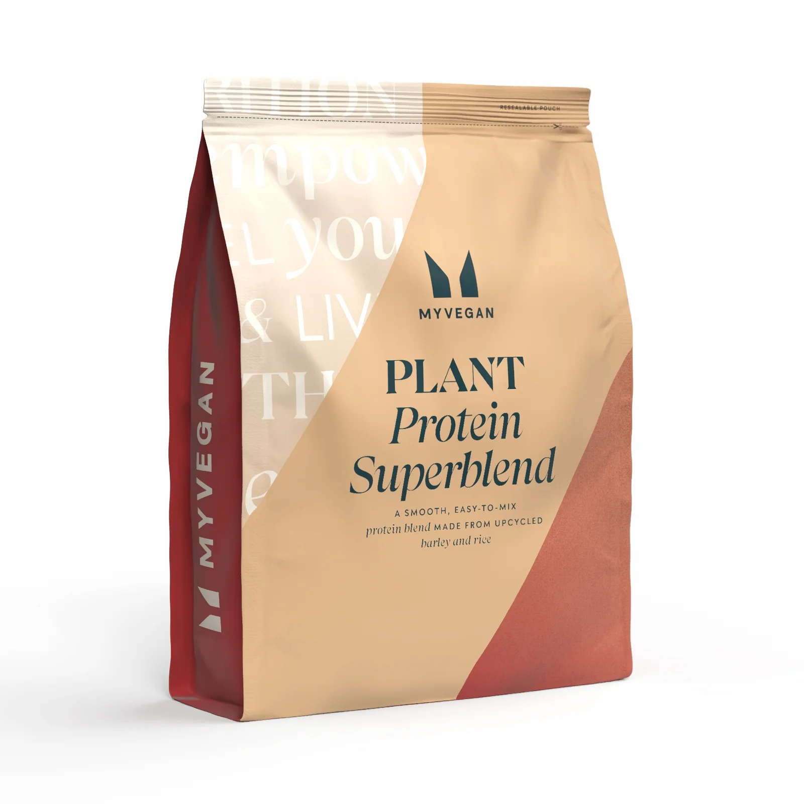 Een beige en bordeauxrode zak met het opschrift "Plant Protein Superblend" van Myvegan.