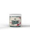 Witte pot met etiket met rode en zwarte accenten, met de tekst "Origin.