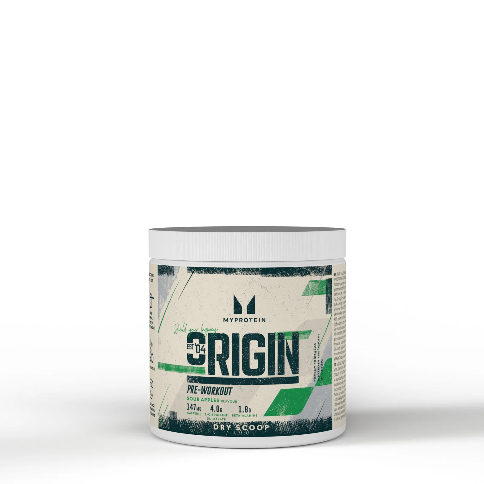 Een witte pot met een etiket met de tekst "Origin Pre-Workout" van Myprotein.