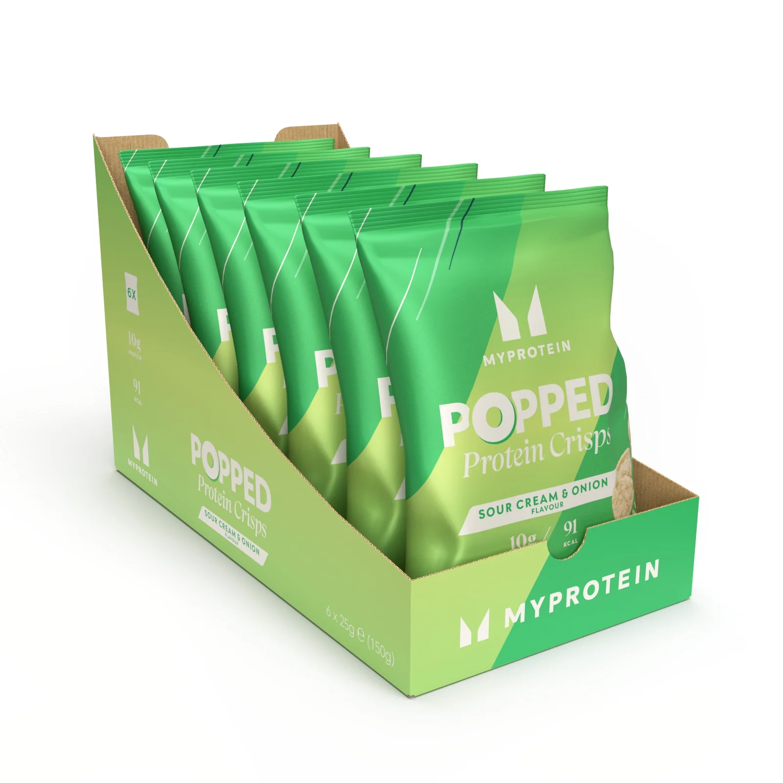 Doos met zes groene zakjes Myprotein Protein Crisps, Sour Cream & Onion smaak.