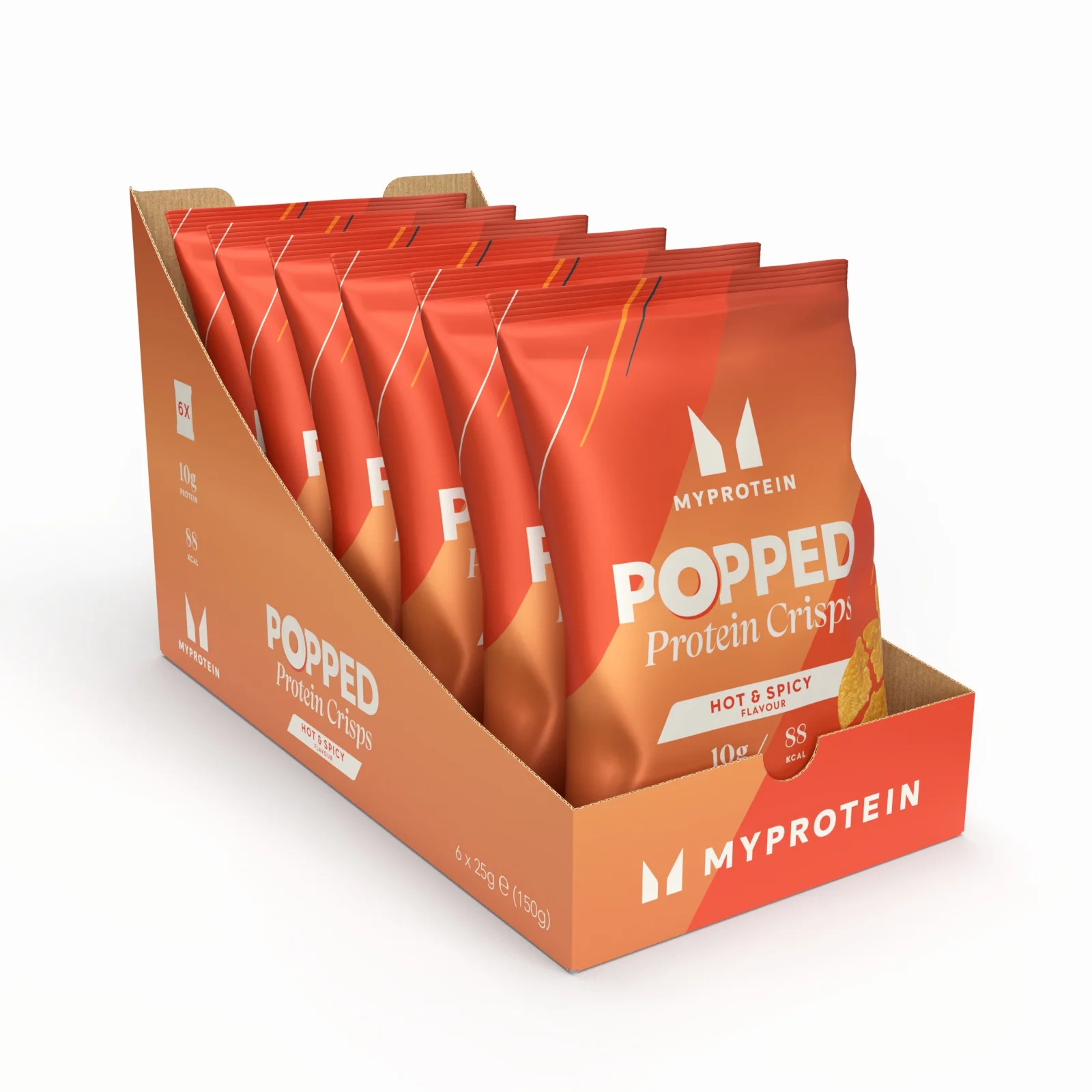 Een doos met zes oranje zakjes Myprotein Protein Crisps, Hot & Spicy.