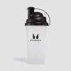 Een transparante Myprotein shaker met een zwarte dop en het Myprotein logo.