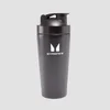 Zwarte Myprotein shaker met een deksel en het witte Myprotein logo.