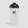 Transparante plastic shaker met zwarte dop en het Myprotein logo in het zwart.