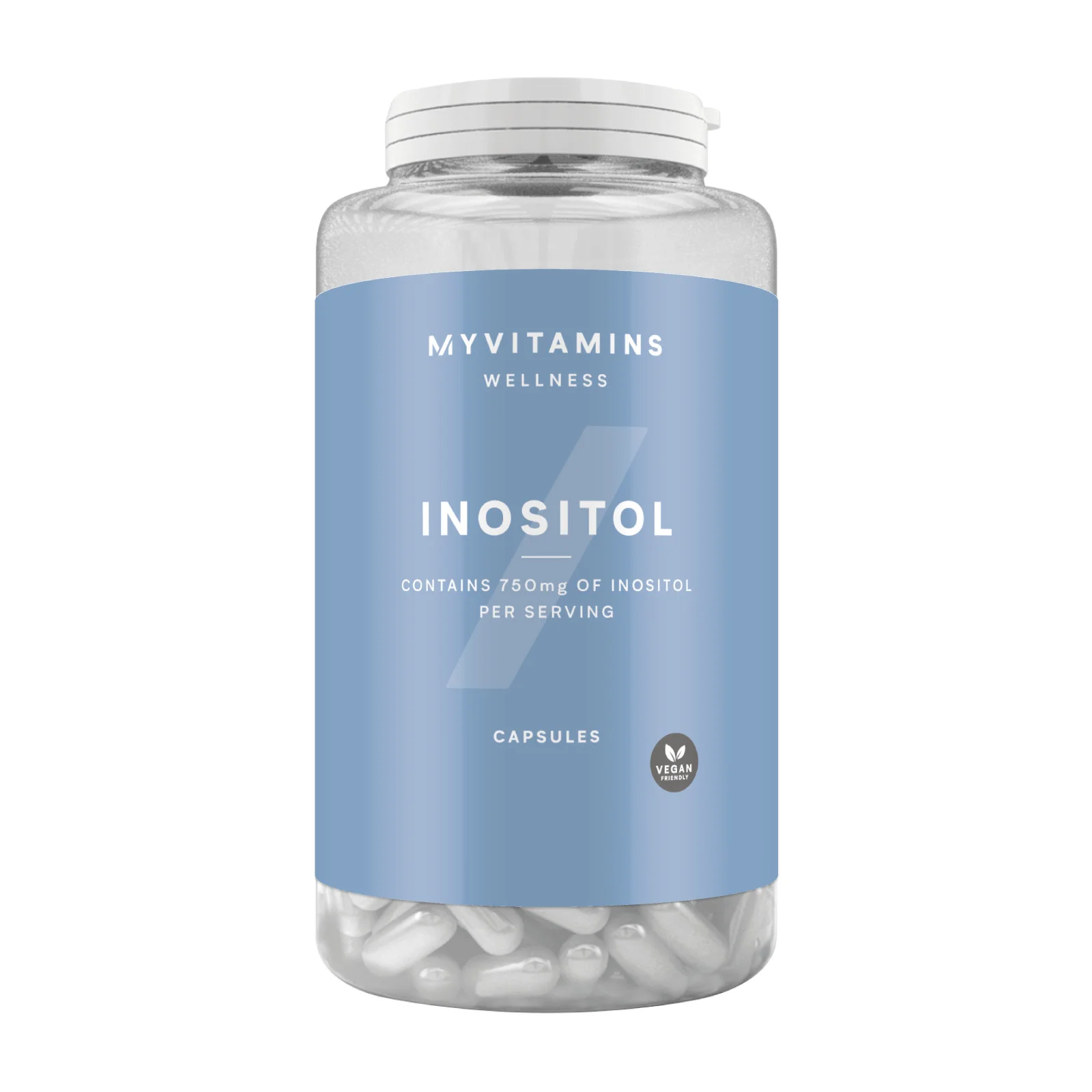 Een doorzichtige pot met een blauw etiket, gevuld met witte capsules.