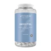 Een doorzichtige pot met een blauw etiket, gevuld met witte capsules.