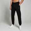 Een zwarte joggingbroek met trekkoord en een klein wit logo op de heup.