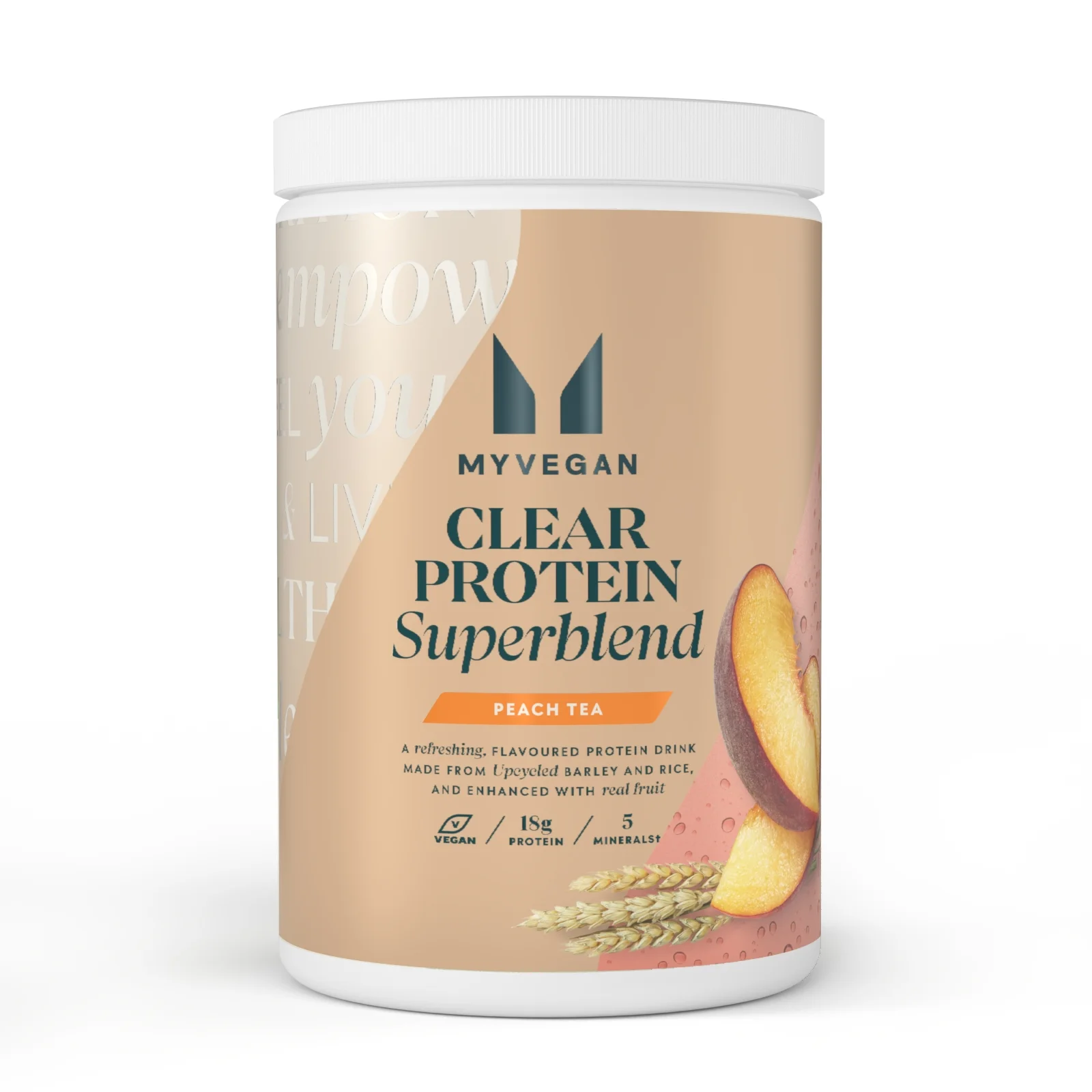 Een beige pot met een wit deksel, met daarop de tekst "Myvegan Clear Protein Superblend.