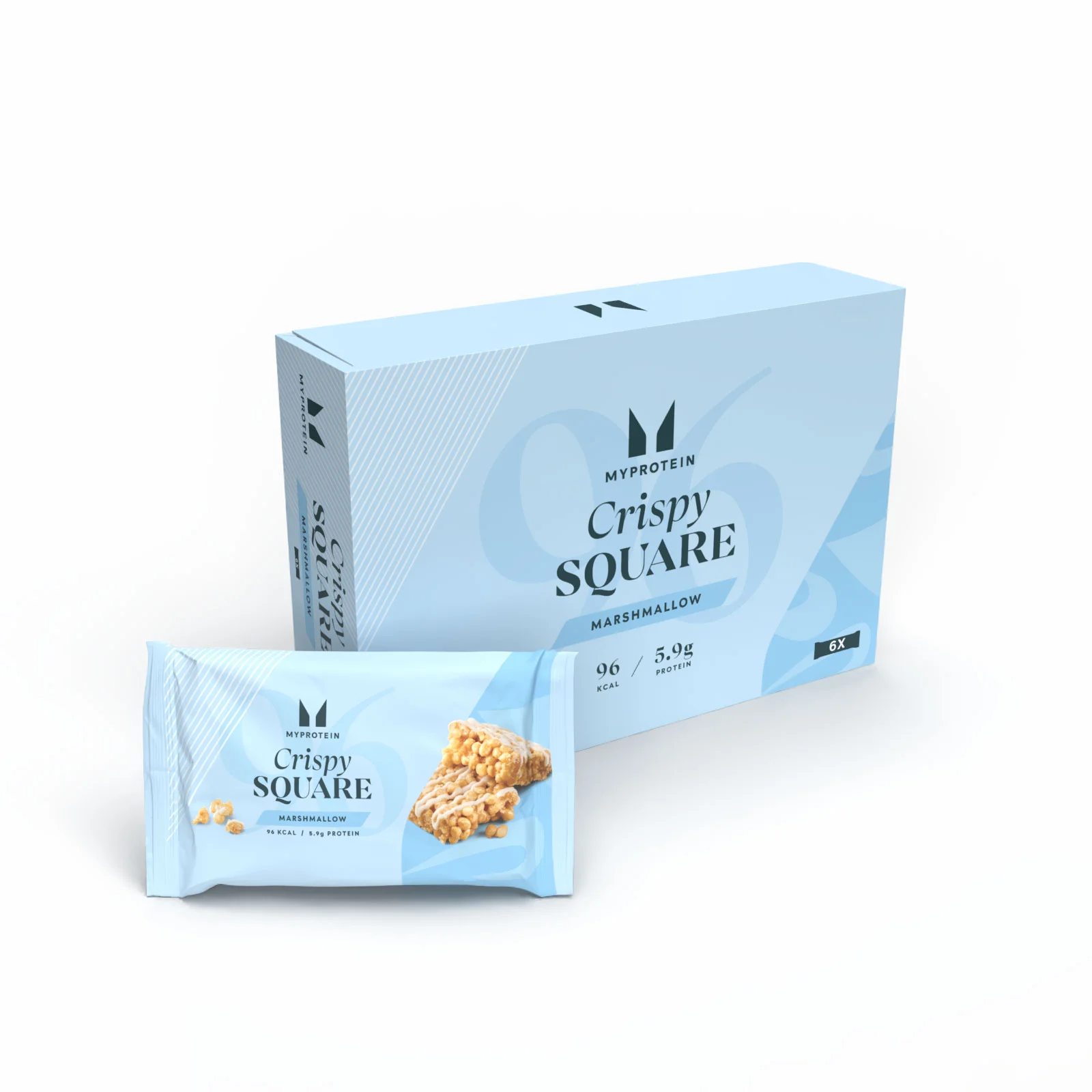 Een doos en een verpakte 'Crispy Square' reep, beide lichtblauw met witte tekst.