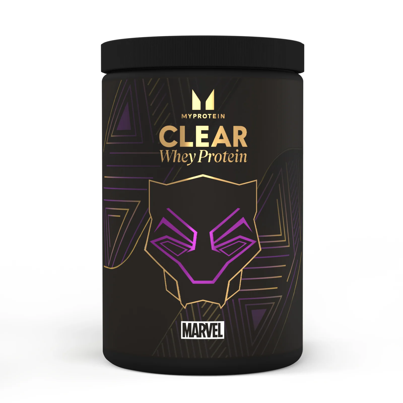 Zwarte pot met een afbeelding van Black Panther in paars en goud.