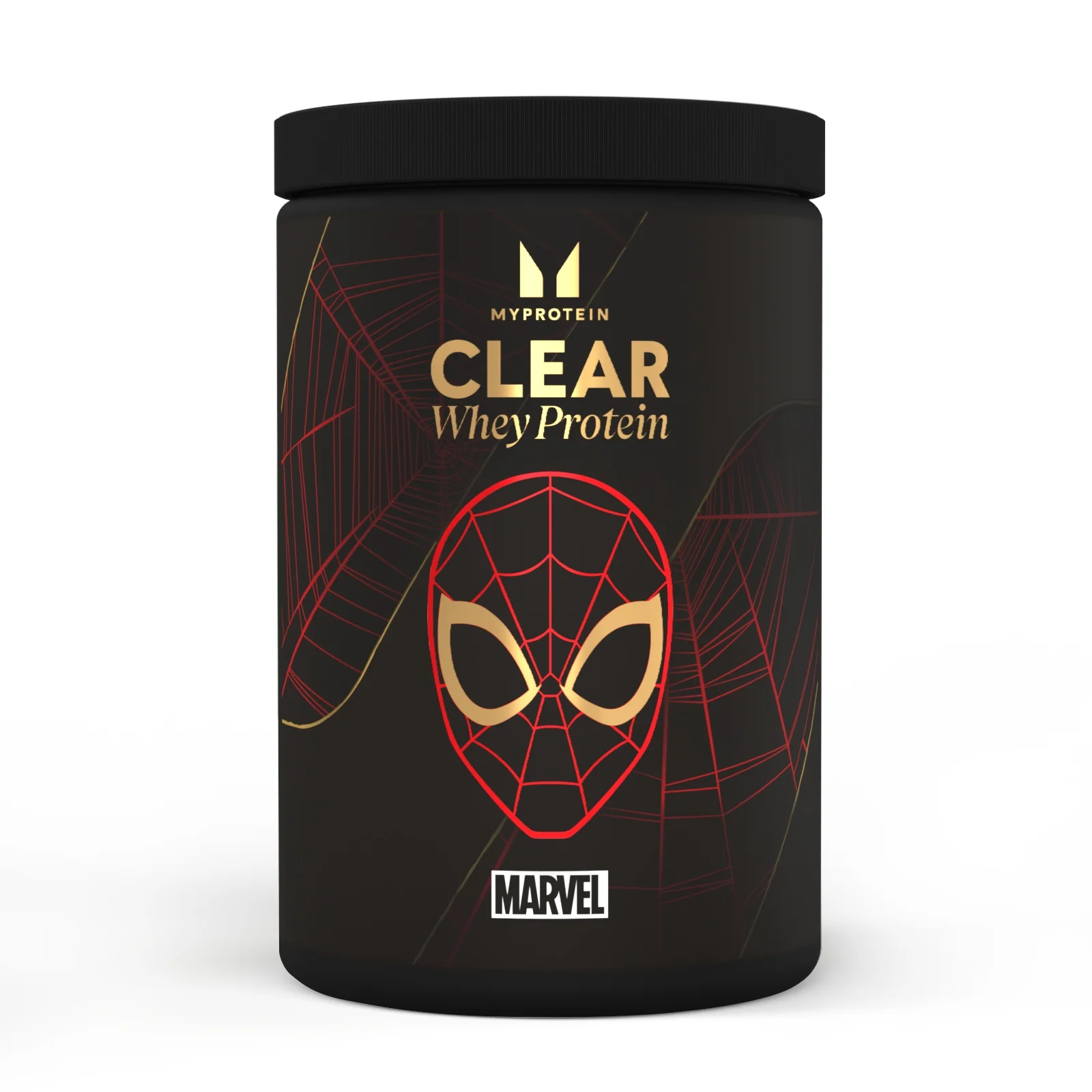 Zwarte pot met een Spiderman-ontwerp in rood en goud, met het Myprotein-logo.
