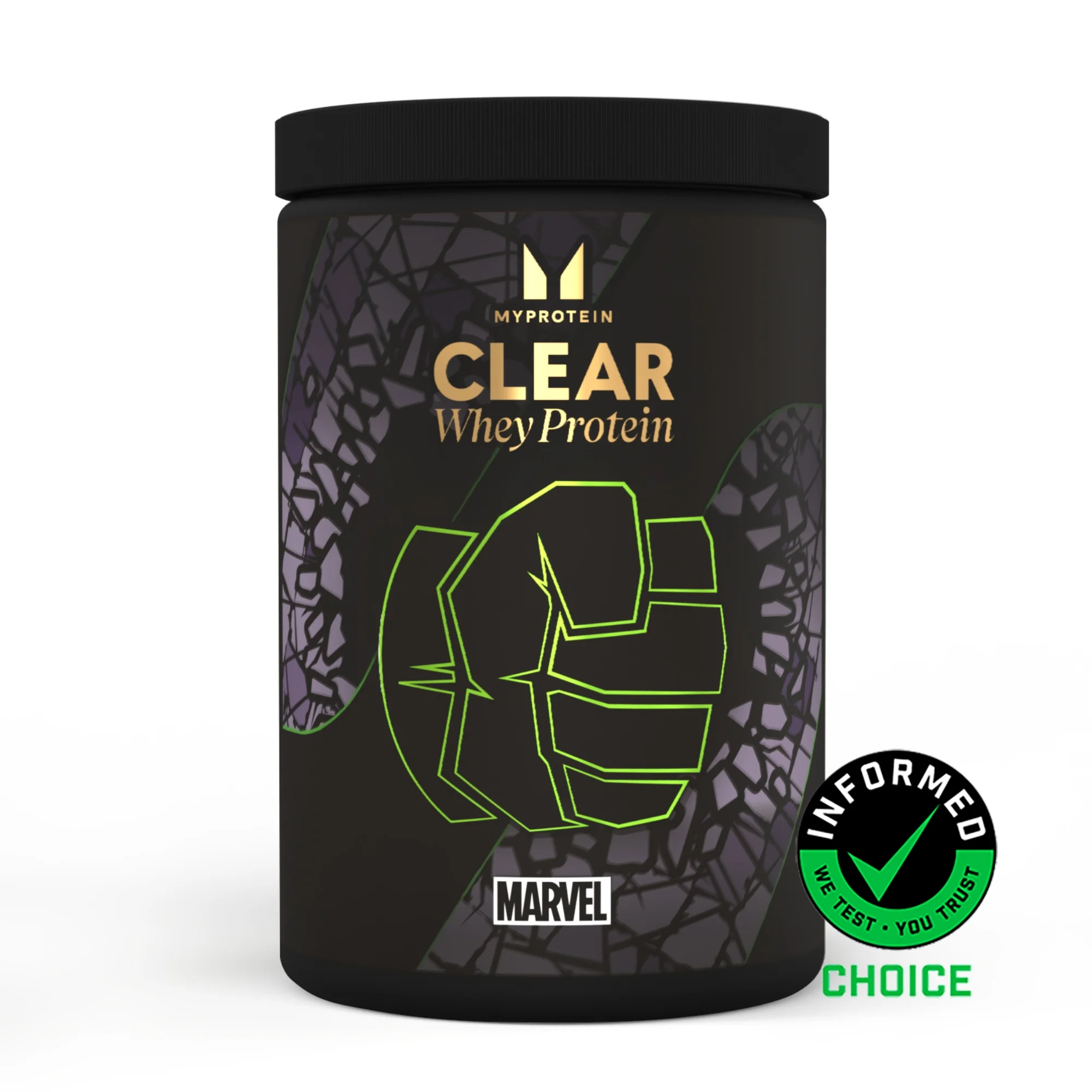 Zwarte pot met een afbeelding van de Hulk vuist en de tekst "Clear Whey Protein.