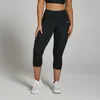 Zwarte, driekwarts sportlegging met hoge tailleband en een klein wit logo op het been.