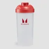 Een doorzichtige Myvegan shaker met een bordeauxrode dop en logo.