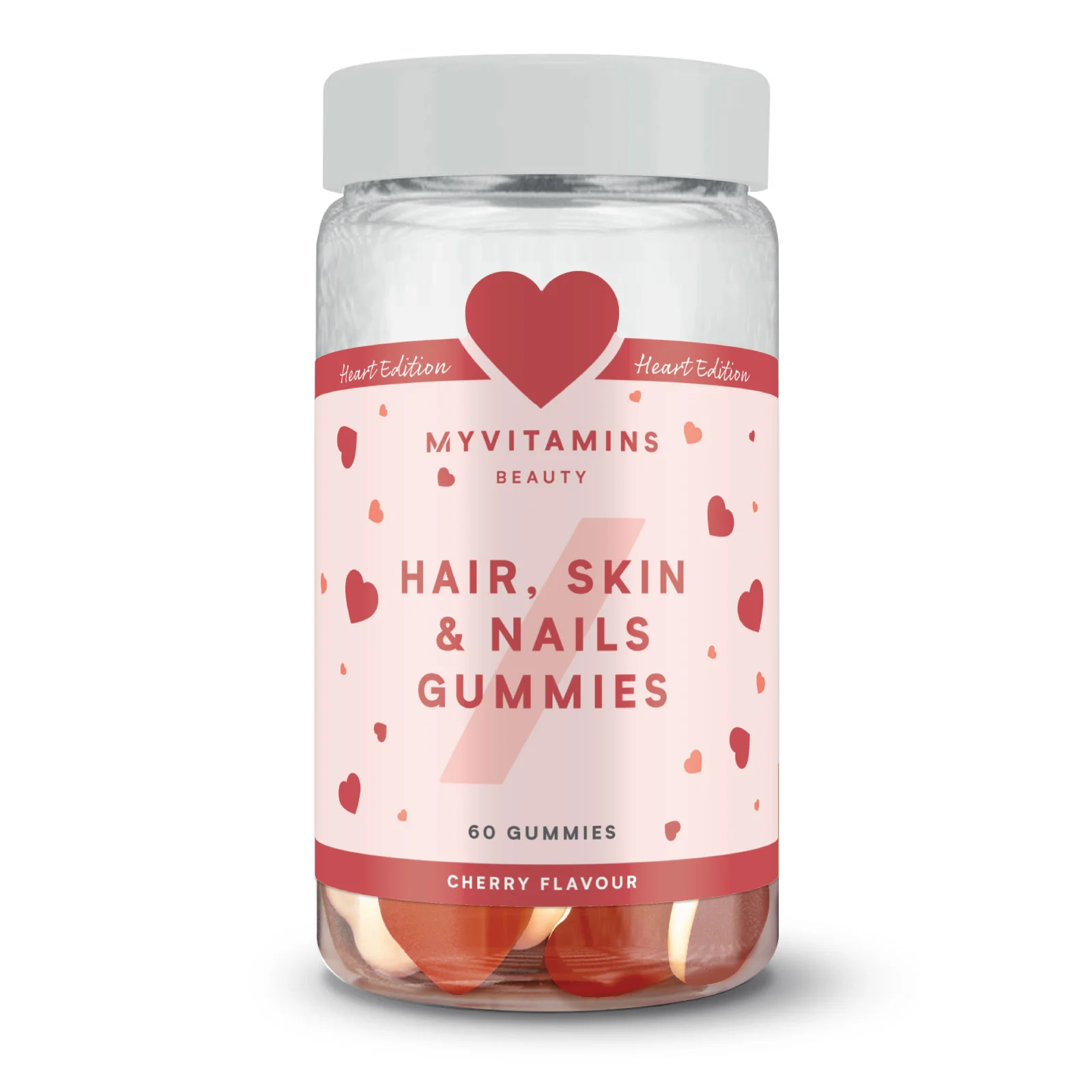 Transparante pot met witte deksel, gevuld met rode gummies.