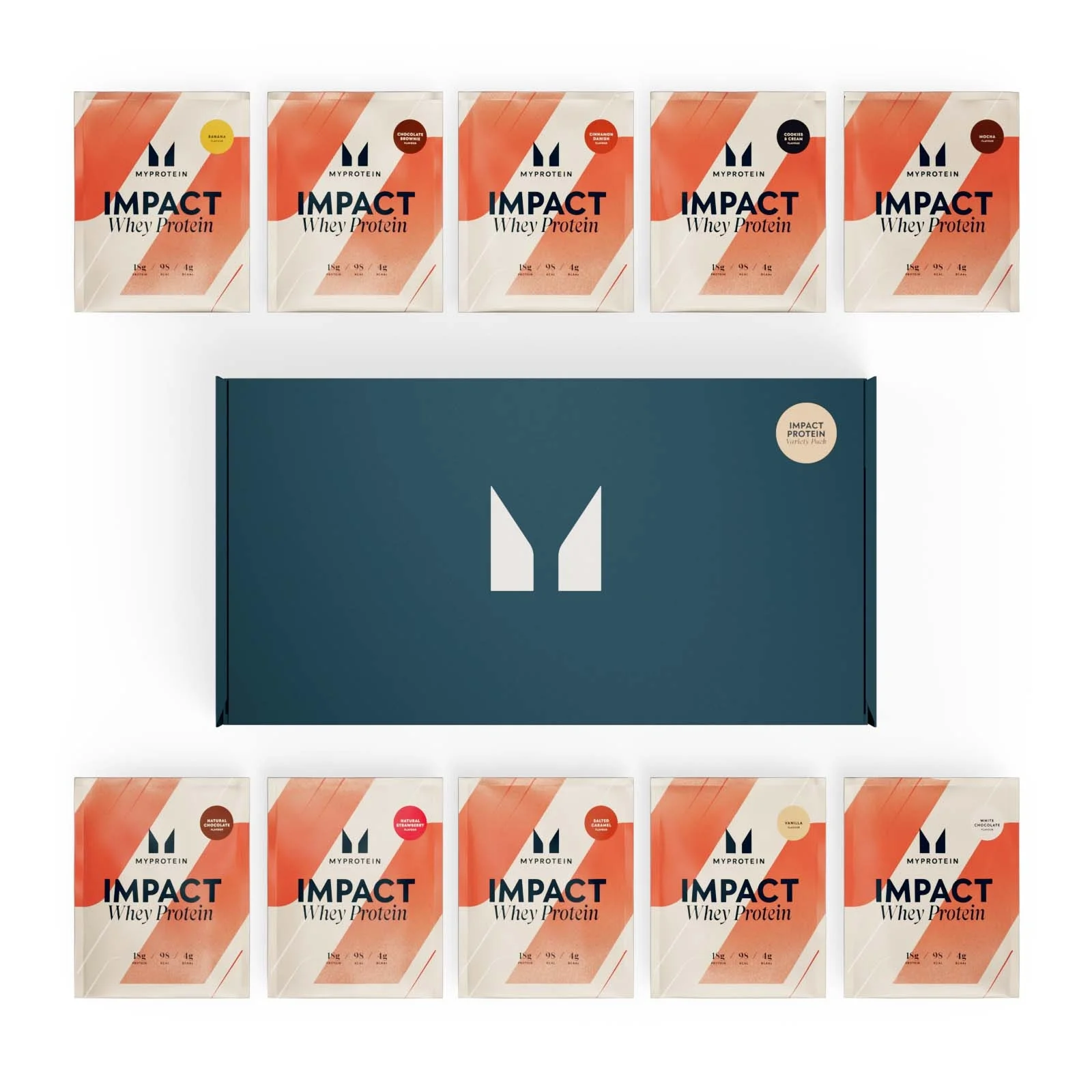 Een blauwe doos met het Myprotein logo, omringd door kleine zakjes proteïnepoeder in verschillende smaken.