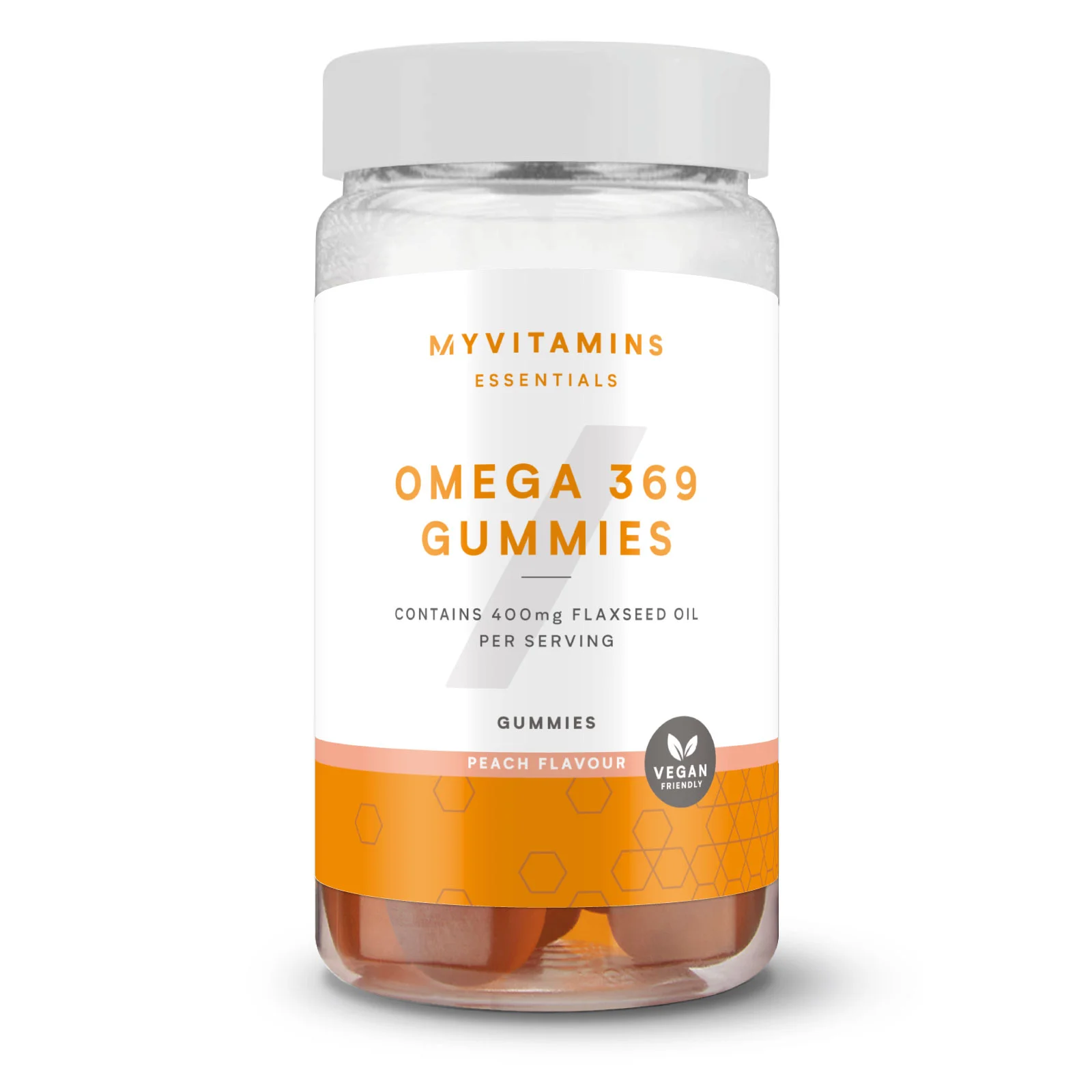 Een doorzichtige pot met witte deksel, gevuld met perzikkleurige gummies van het merk Myvitamins.