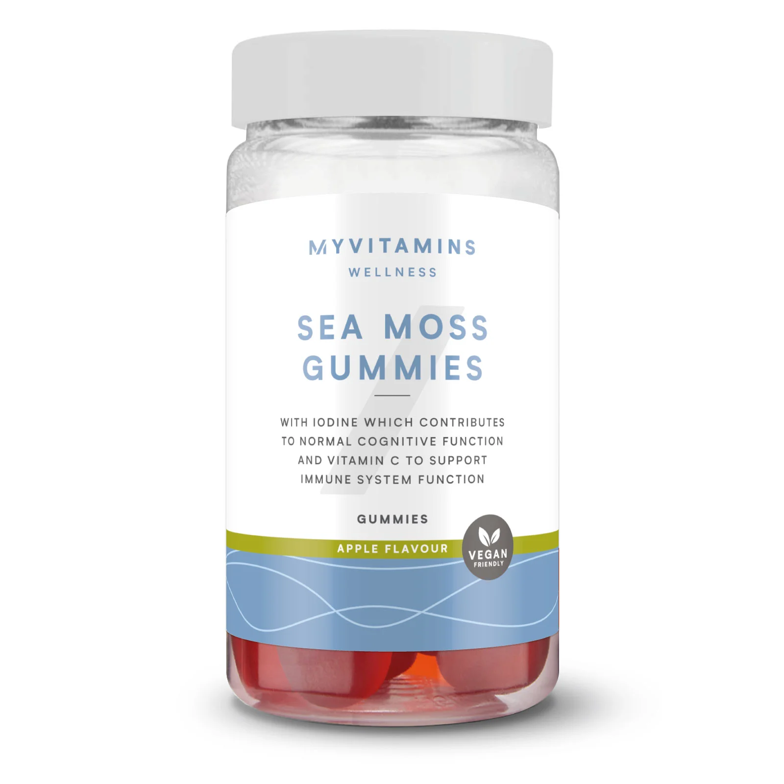 Een doorzichtige pot met witte deksel, gevuld met rode Zeemosgummies van Myvitamins.