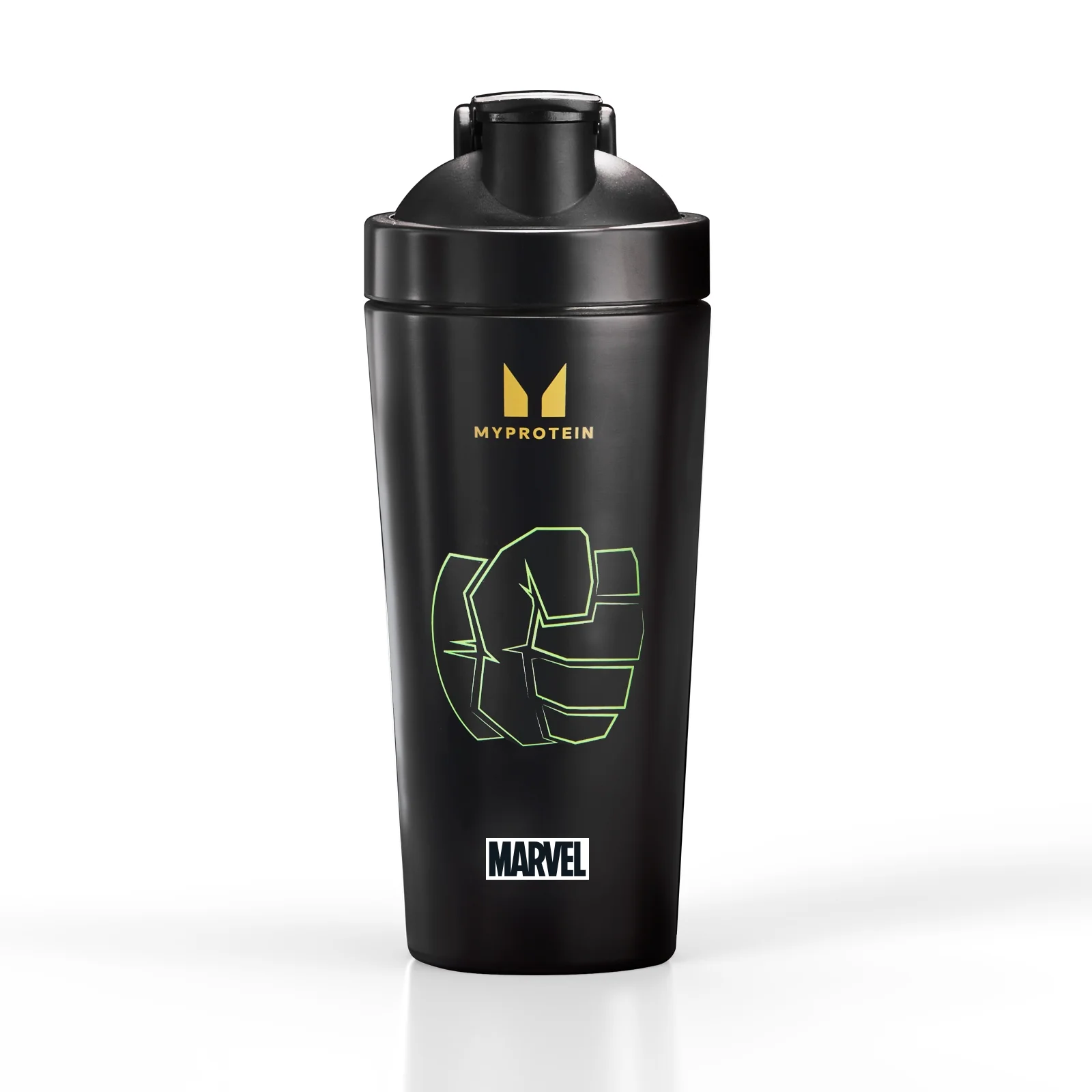 Zwarte Myprotein shaker met een groene Hulk vuist en het Marvel logo.