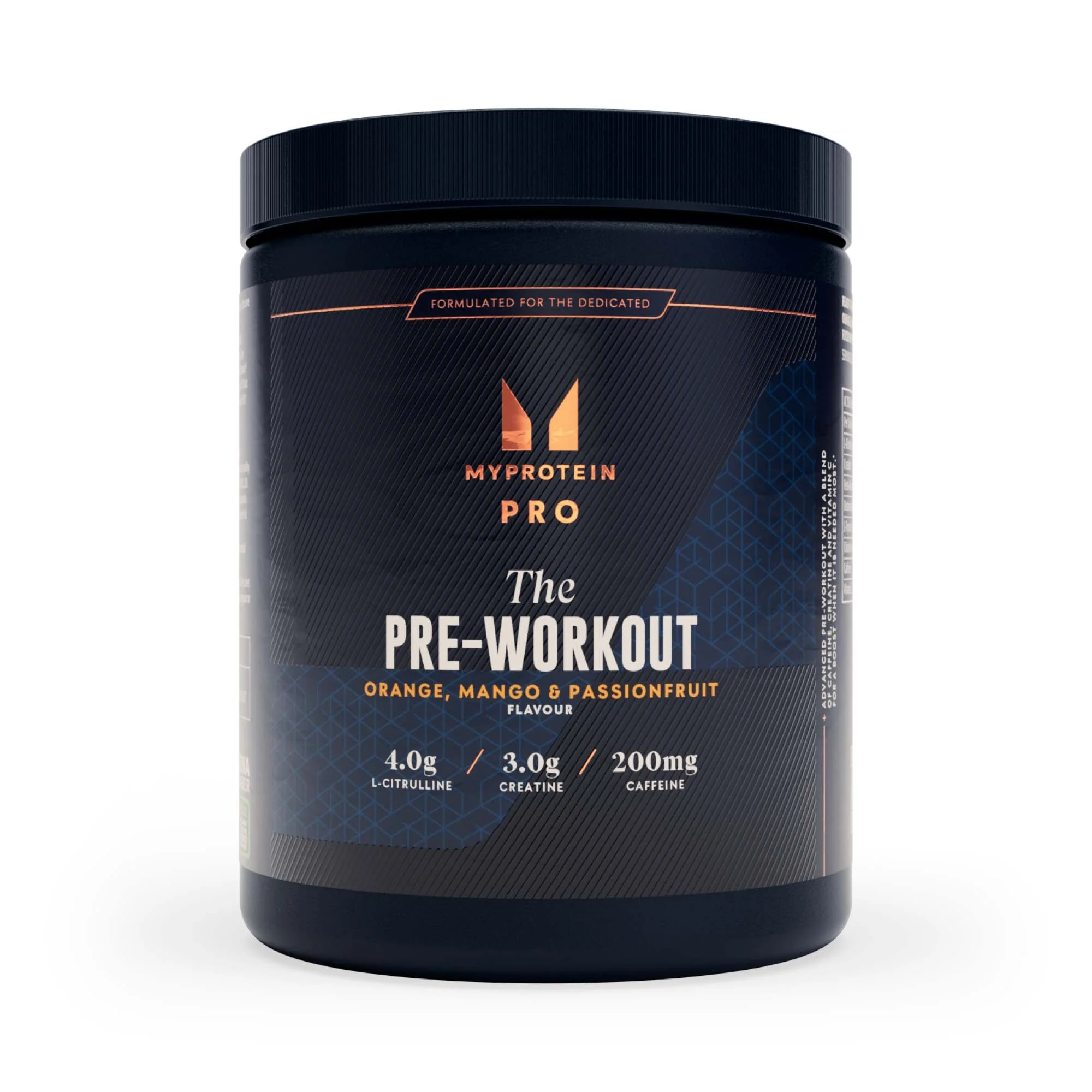 Zwarte pot met etiket 'Myprotein THE Pre Workout, Orange Mango Passionfruit.