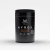 Een zwarte pot met het Myprotein logo en de tekst 'HYROX' op een witte achtergrond.