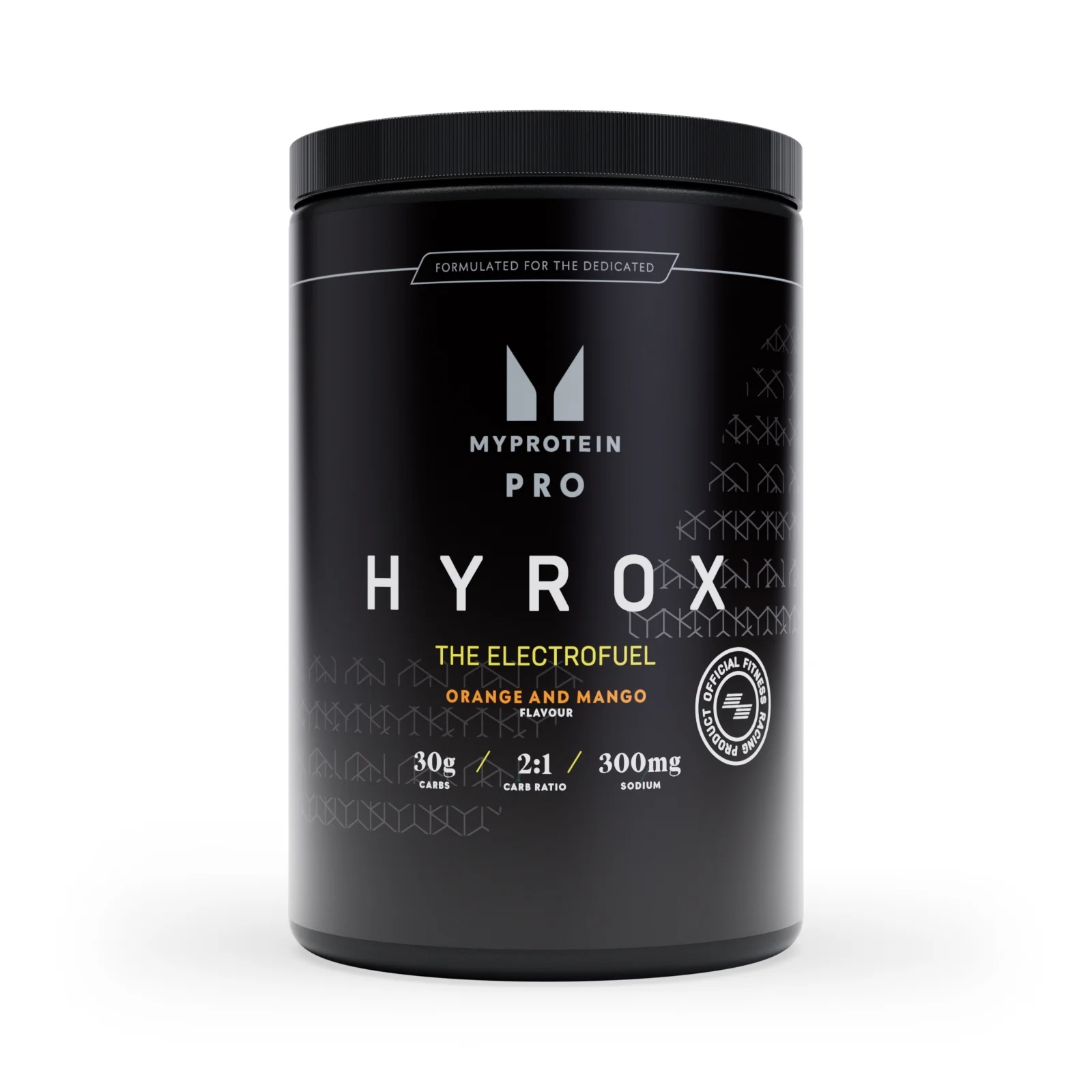 Zwarte pot met deksel, met het Myprotein logo en de tekst 'Electrofuel Orange and Mango.