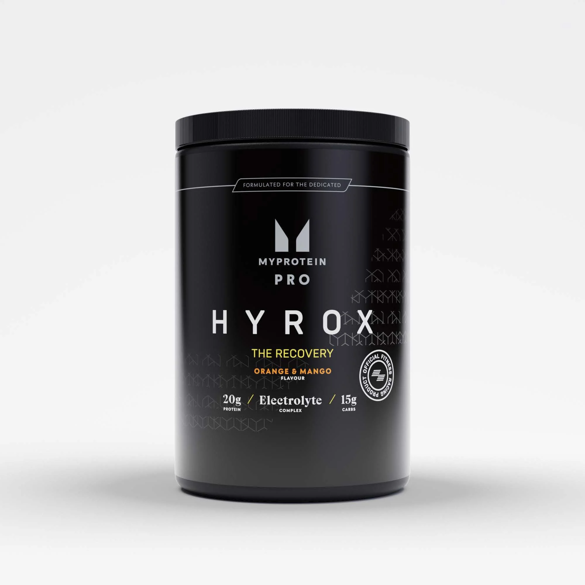 Zwarte pot met de tekst "Myprotein Pro HYROX" en de smaak "Orange & Mango.