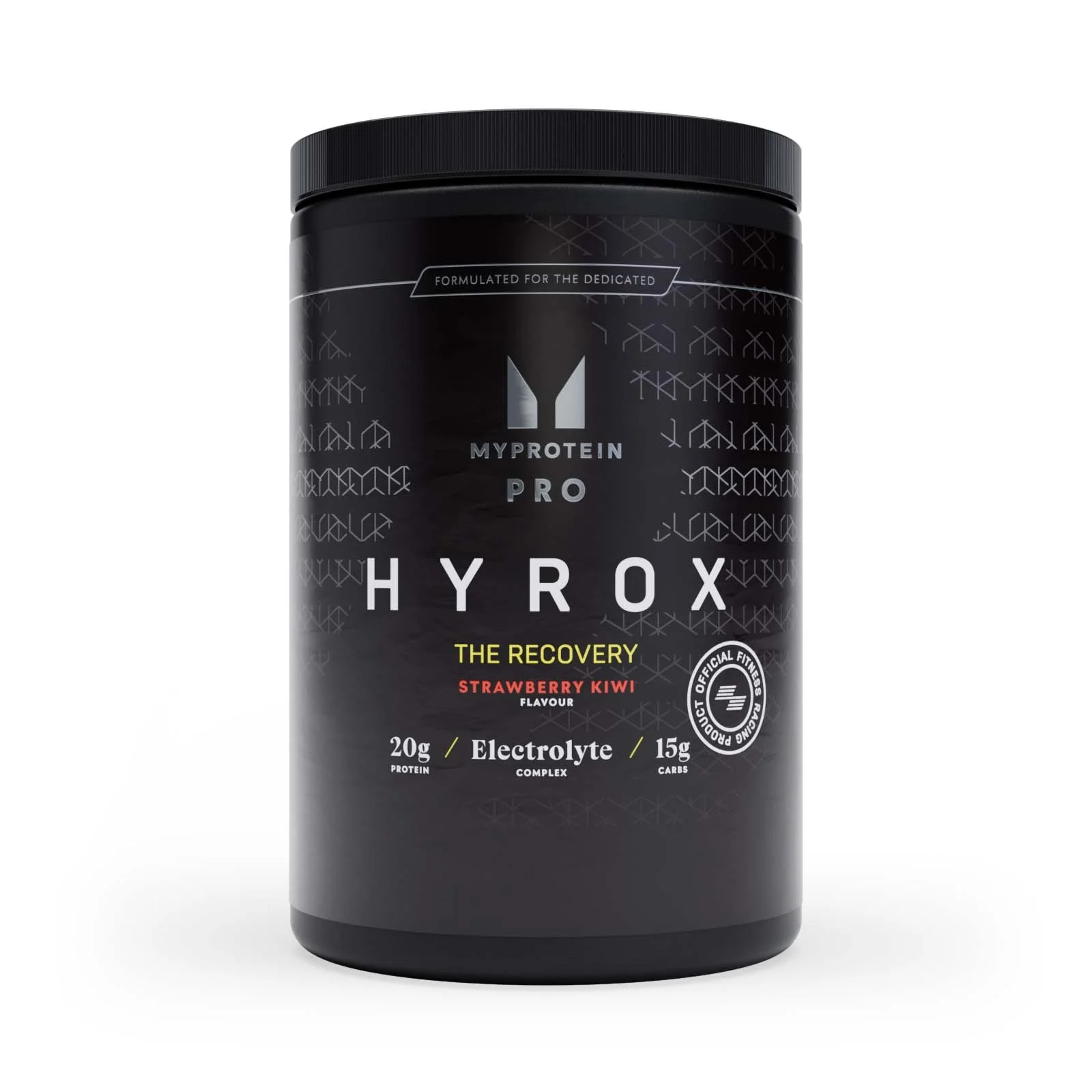 Zwarte pot met etiket 'Myprotein Hyrox', met informatie over aardbei-kiwi smaak en voedingswaarden.