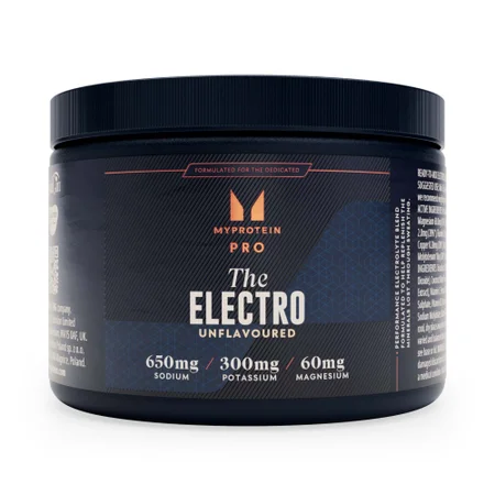 Een donkerblauwe pot met een zwart etiket, met de tekst "The Electro" erop.