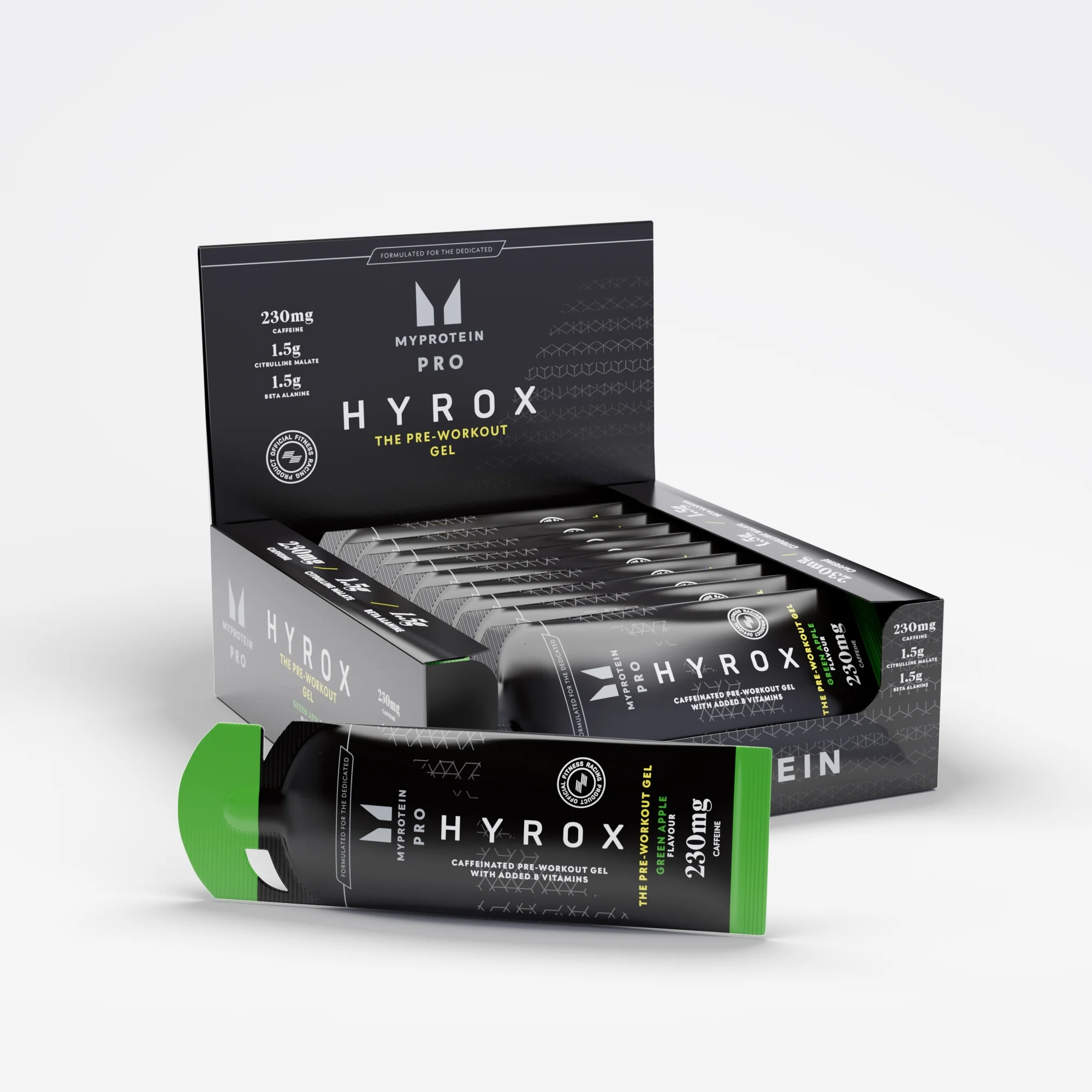 Een doos met groene Myprotein pre-workout gel packs, individueel verpakt in zwart met groene accenten.
