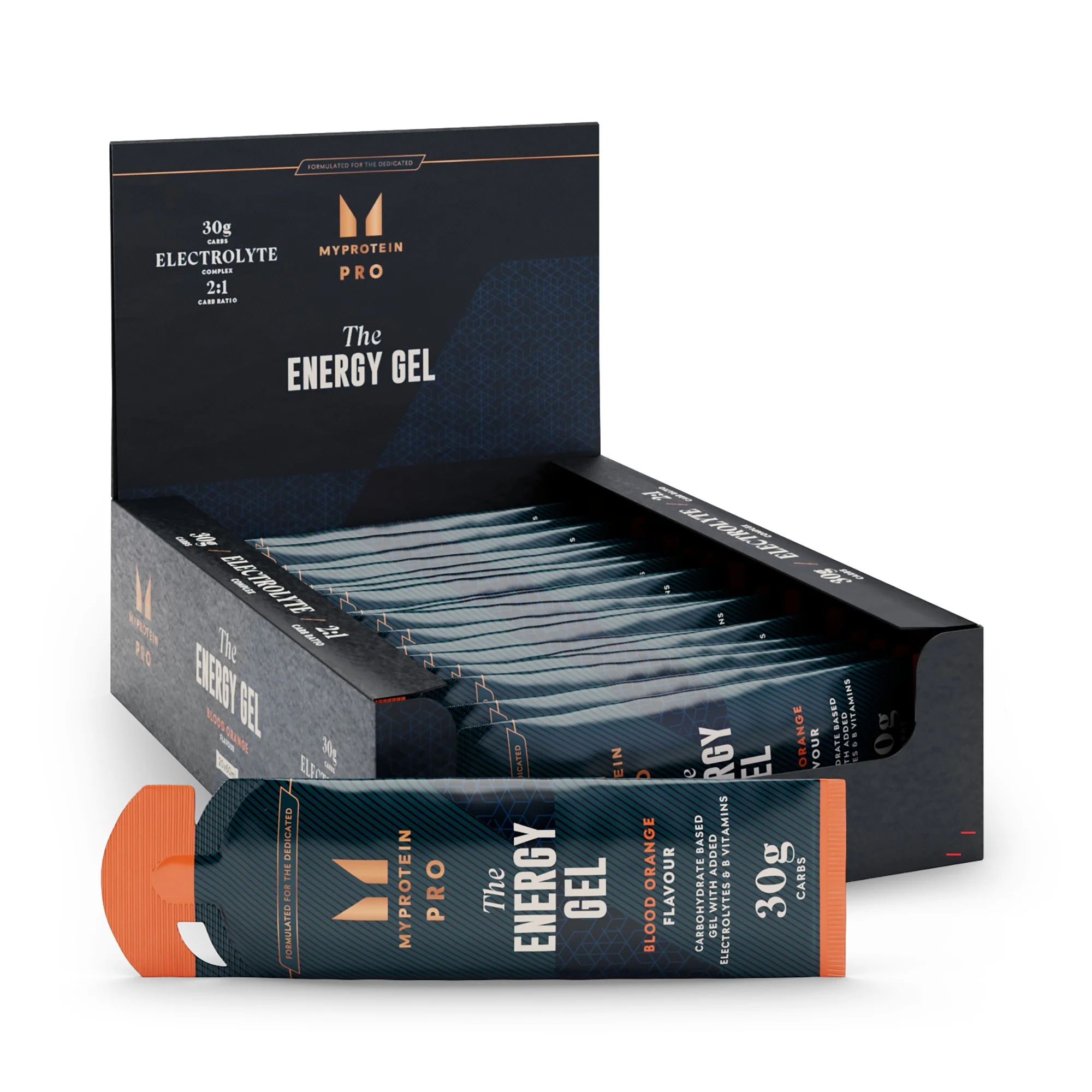 Een doos met individueel verpakte Myprotein energie gels, met een bloedsinaasappel smaak.
