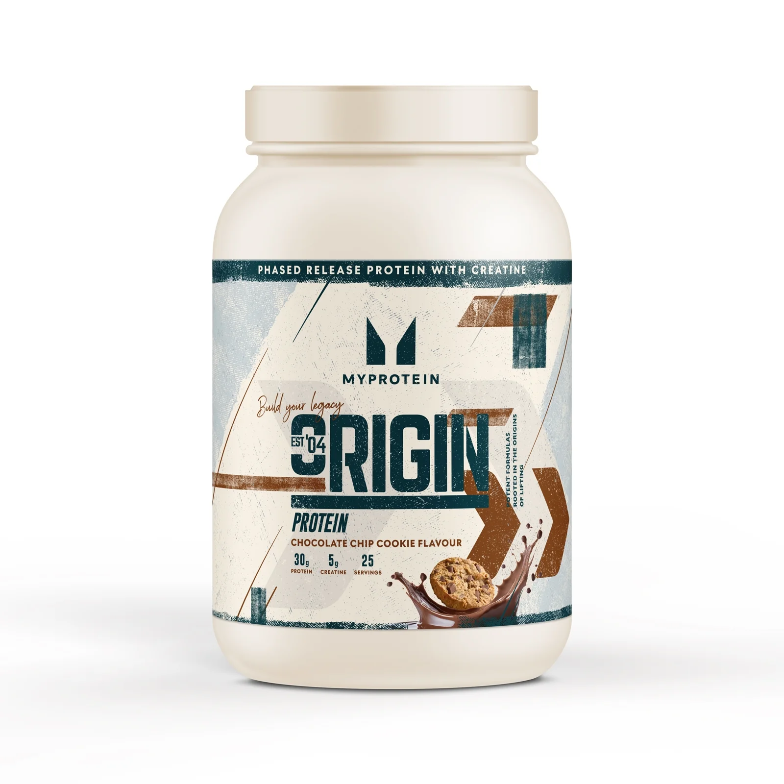 Een crèmekleurige pot Myprotein Origin Protein, met een etiket met chocoladekoekjesmotief.