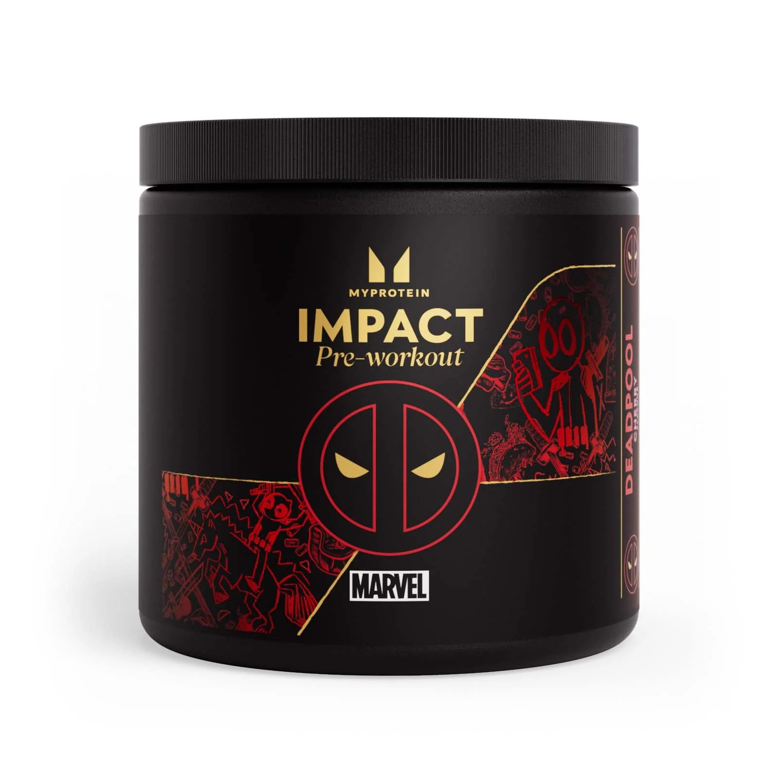 Zwarte pot met rode Deadpool-afbeeldingen en opschrift "Impact Pre-workout" van Myprotein.