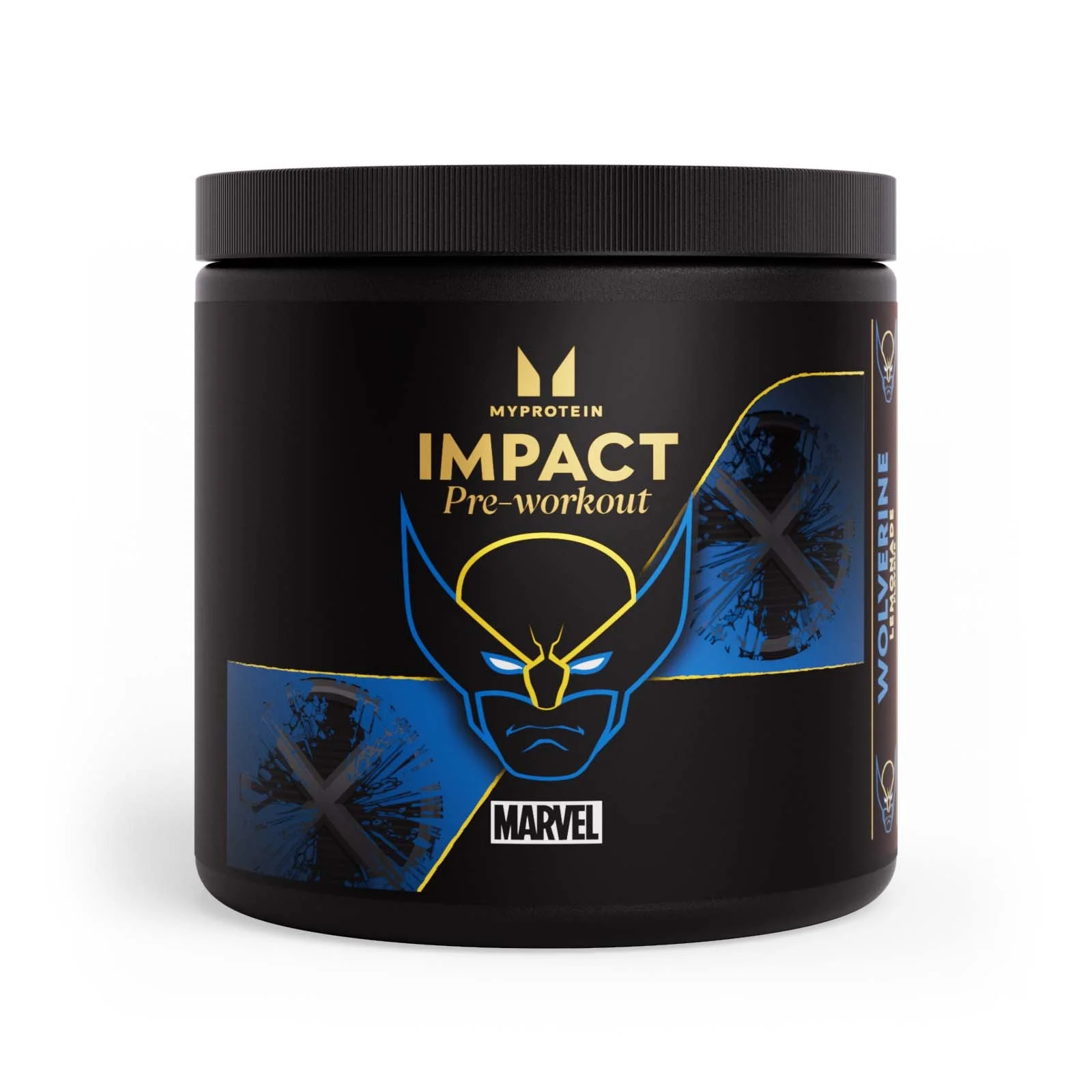 Zwarte pot met een etiket met blauwe en gele accenten en een afbeelding van Wolverine.