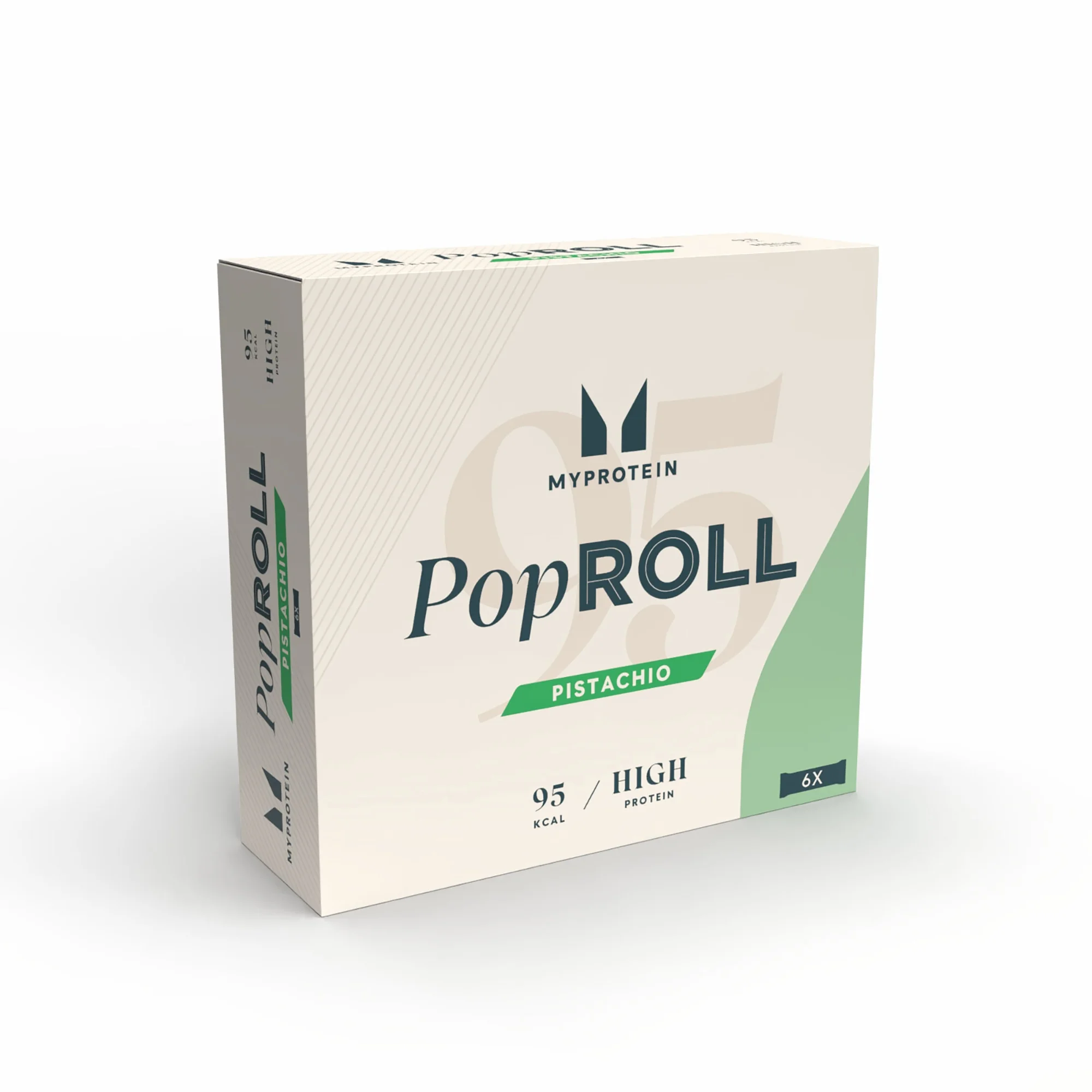 Een rechthoekige doos met de tekst "Pop Roll Pistachio" van het merk Myprotein.