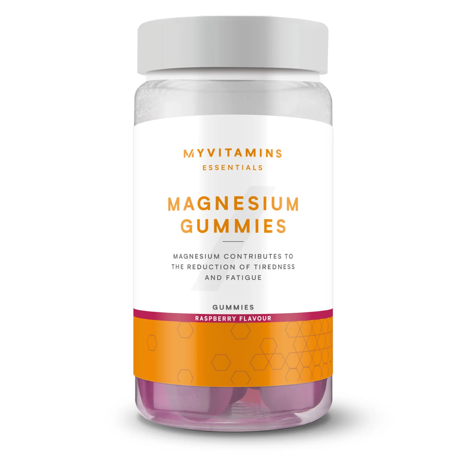 Witte pot met een wit deksel en een etiket met de tekst "Magnesium Gummies.
