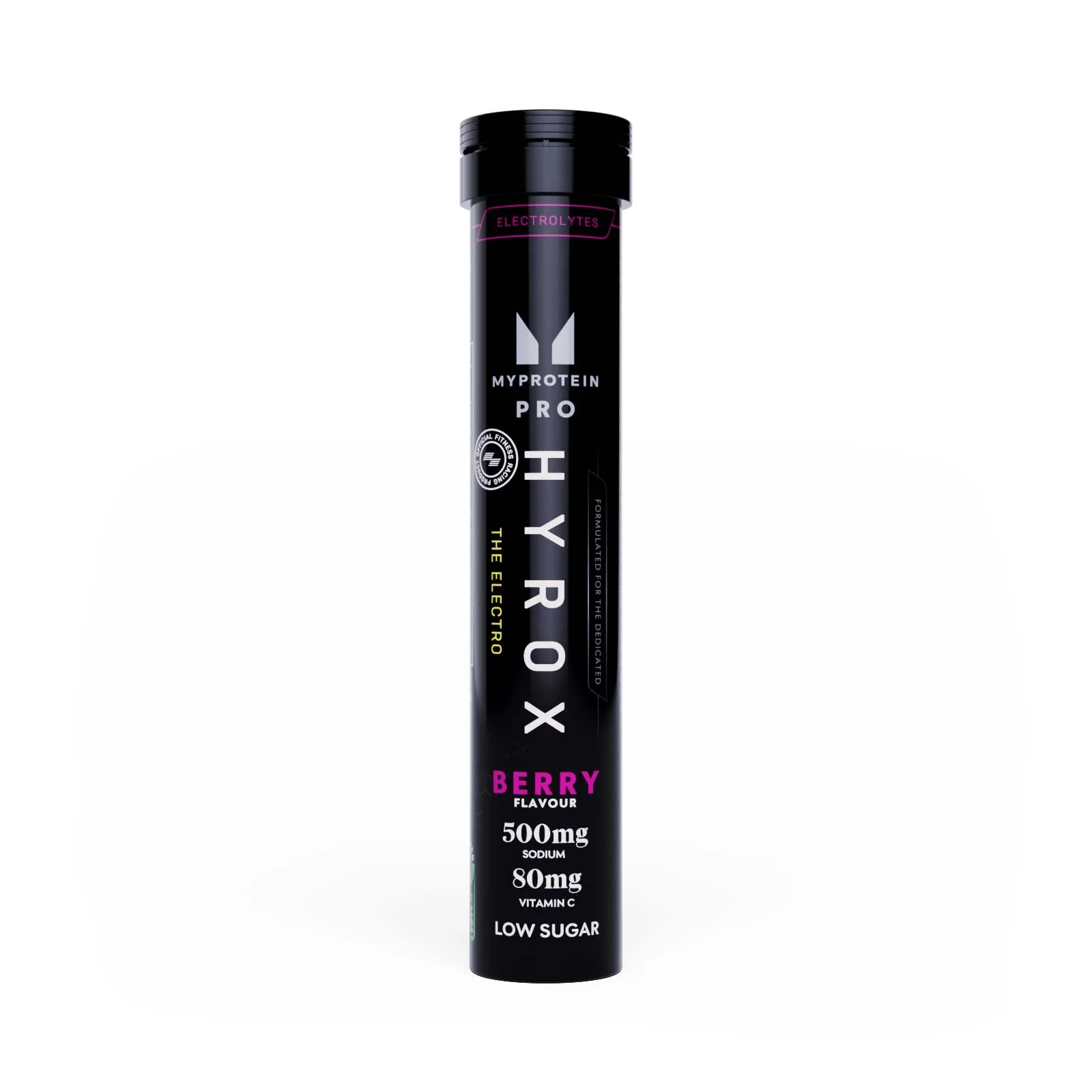 Een zwarte, cilindervormige tube met een etiket met de tekst "Myprotein Pro Hyrox The Electro Berry.