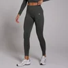 Een donkergroene, naadloze legging met hoge taille en een klein wit logo.