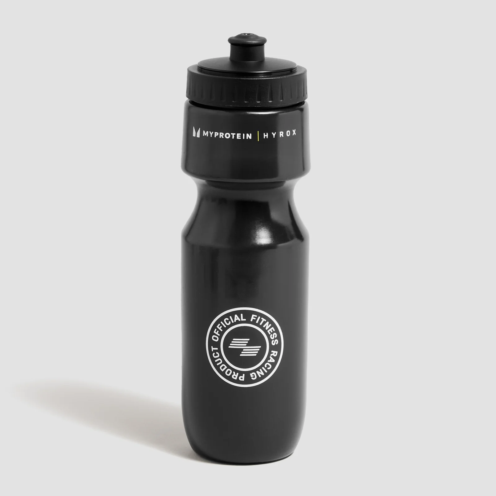 Zwarte drinkfles met een zwarte dop en een wit logo.