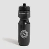 Zwarte drinkfles met een zwarte dop en een wit logo.