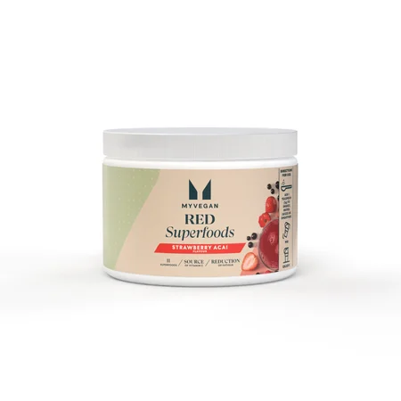 Witte pot met een etiket met de tekst "Myvegan Red Superfoods Strawberry Acai.