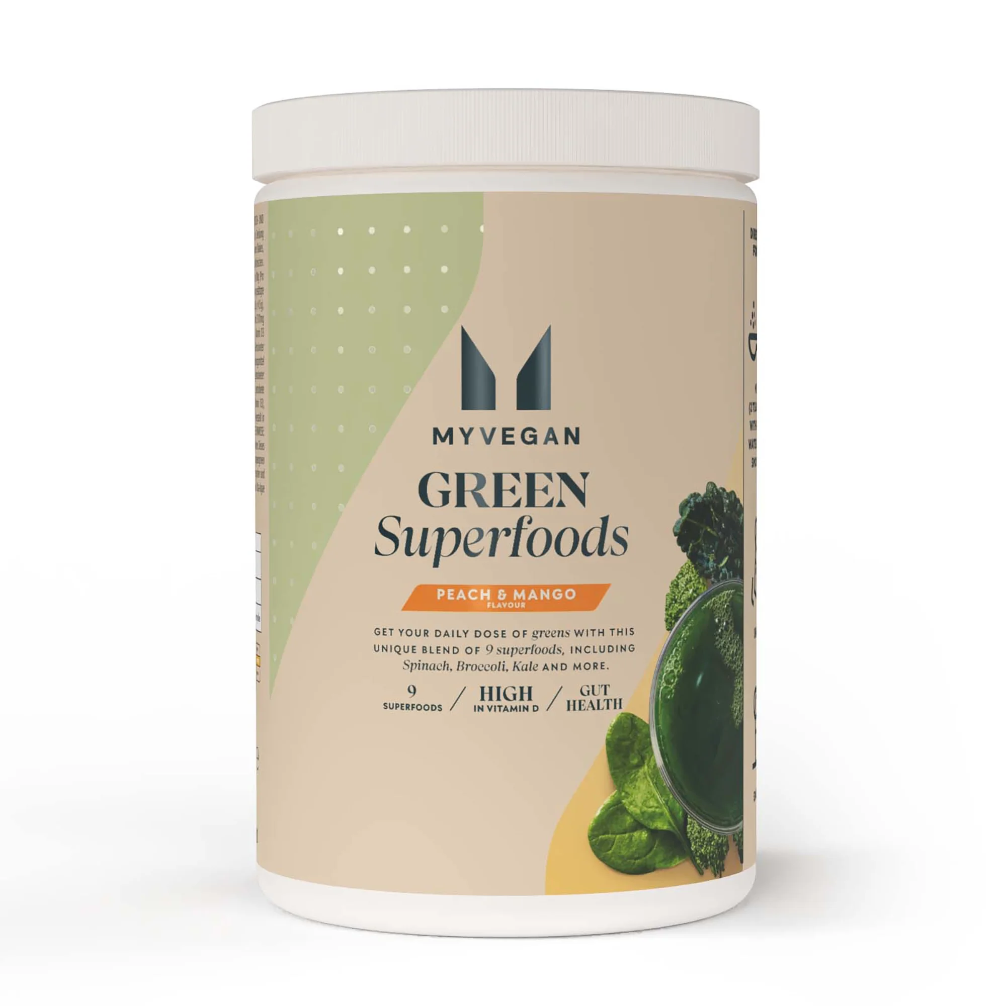 Een witte pot met een beige etiket, met de tekst "Myvegan Green Superfoods.