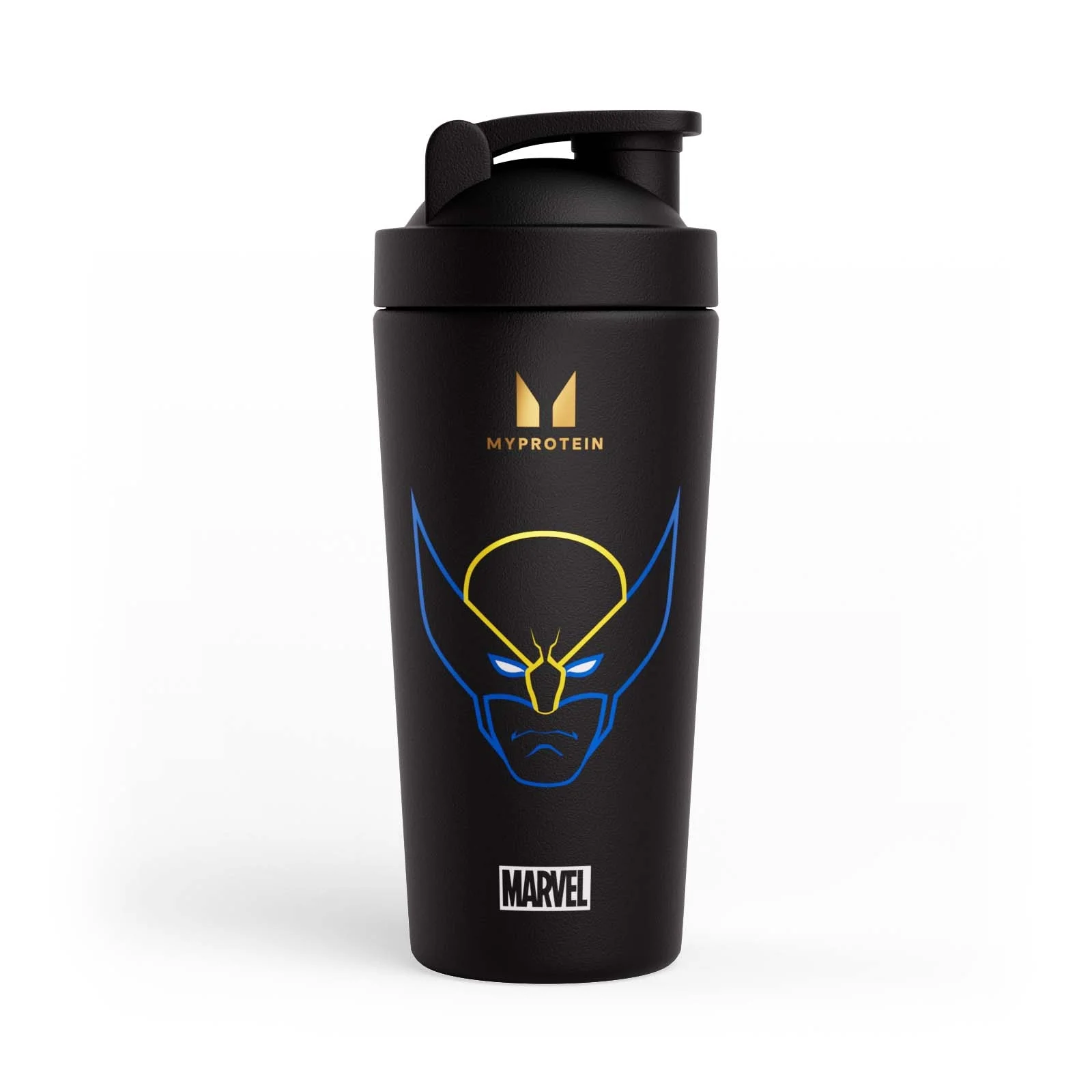Zwarte Myprotein shaker met een afbeelding van Wolverine en het Marvel logo.