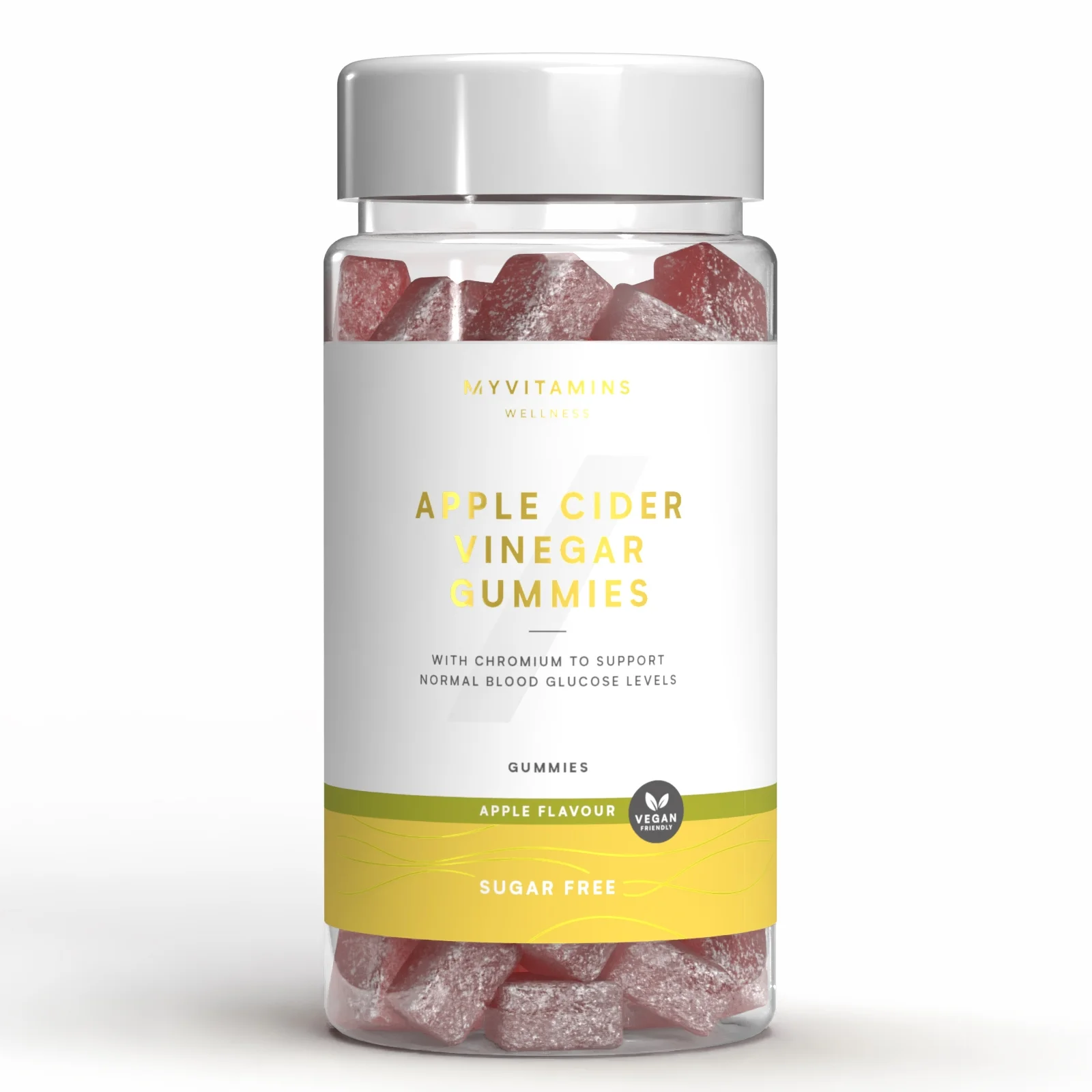 Een doorzichtige pot met rode, suikervrije appelciderazijngummies en een witte deksel.