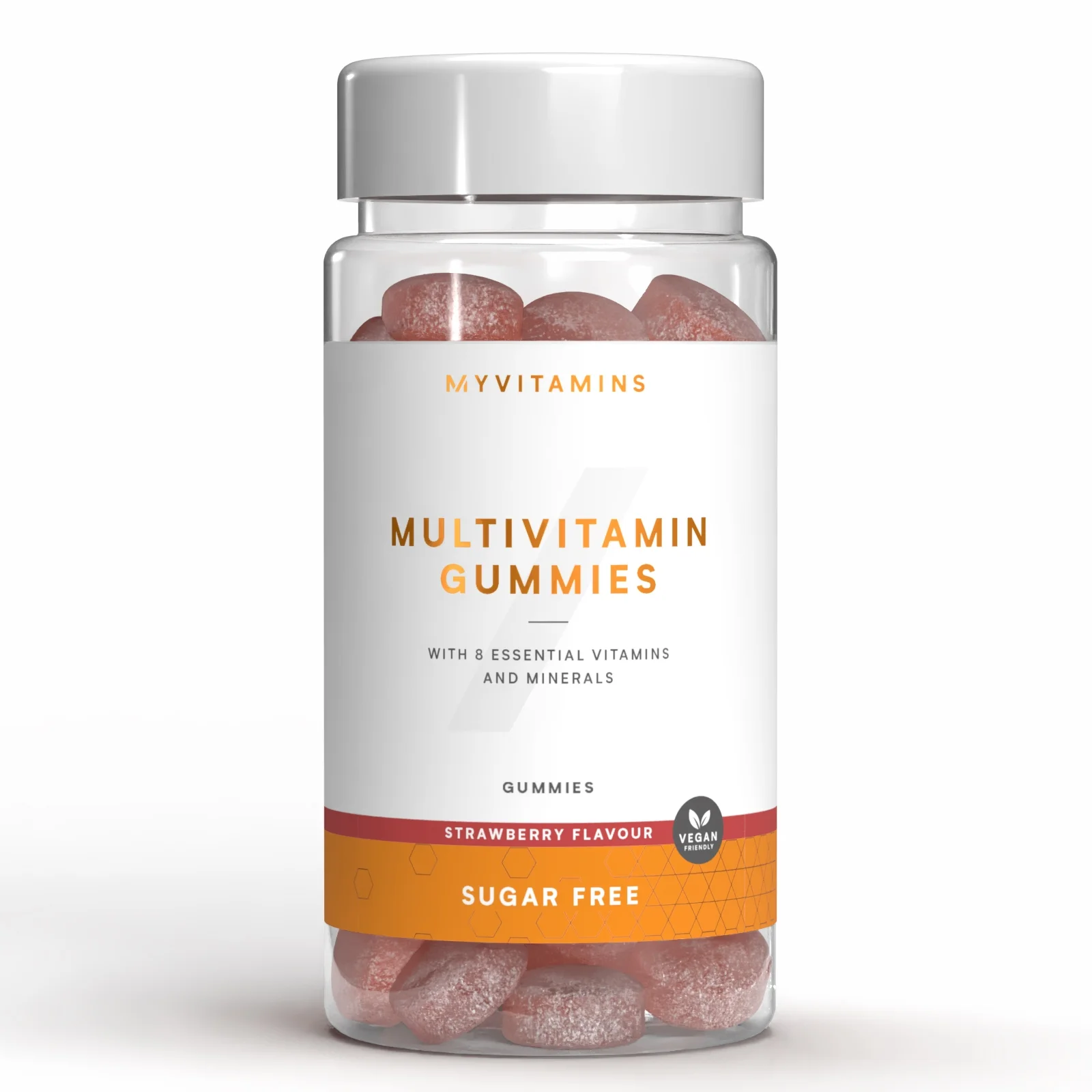 Een doorzichtige pot met aardbeiensmaak multivitamine gummies, met een witte dop.
