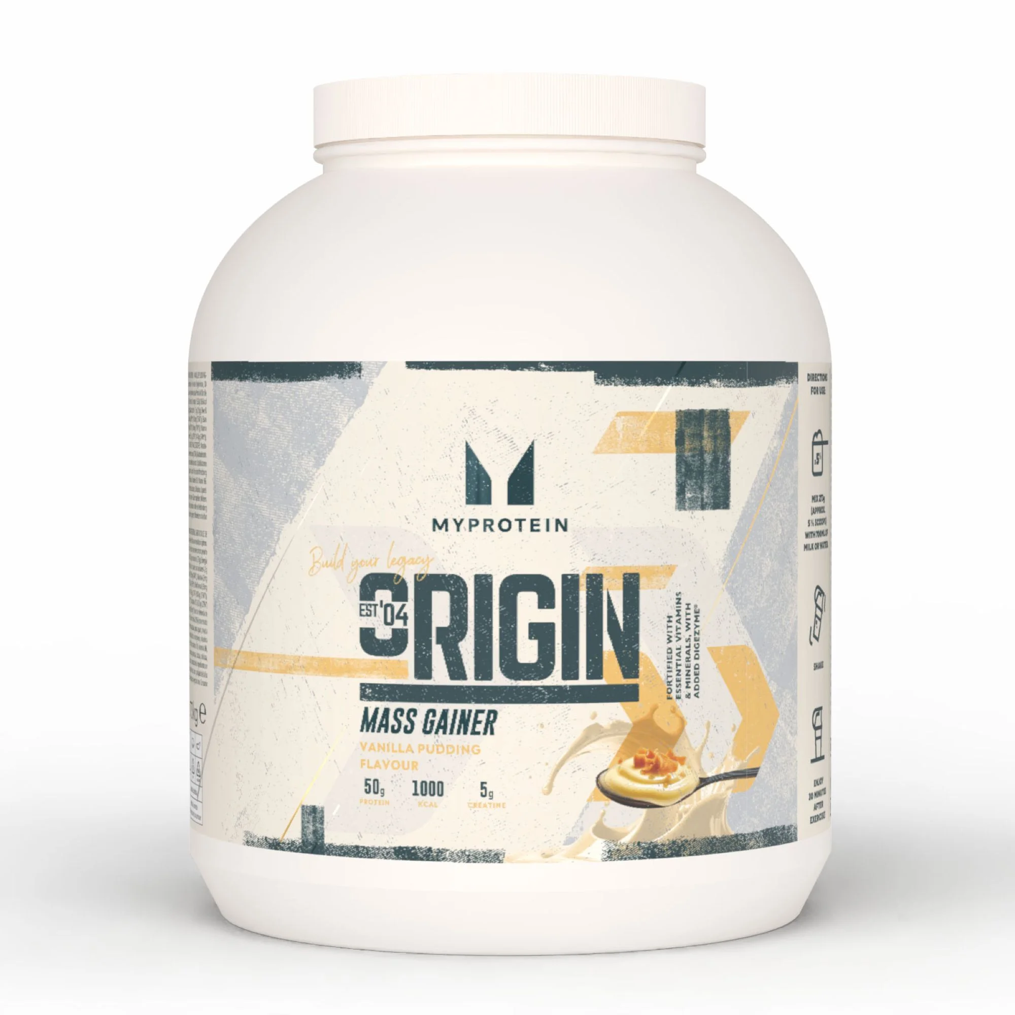Witte plastic pot met etiket voor Myprotein Origin Mass Gainer, vanillepudding smaak.