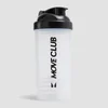 Transparante plastic shaker met zwarte dop en zwarte tekst "MOVE CLUB" erop.